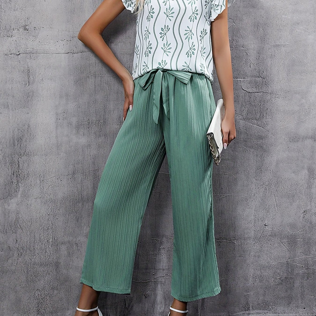 Ruffle Sleeve V Neck Blouse & Wide Leg Pants Set