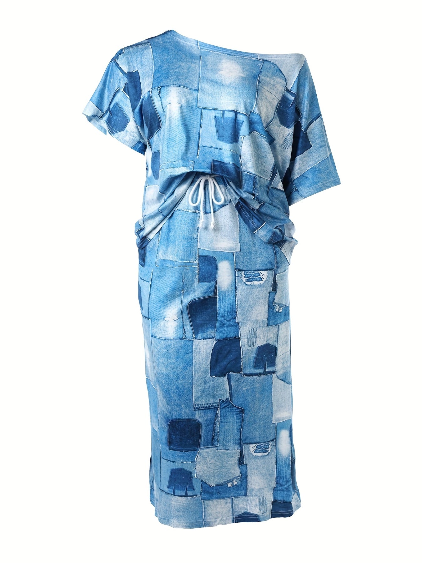  Denim Print One Shoulder Top & Skirt Set