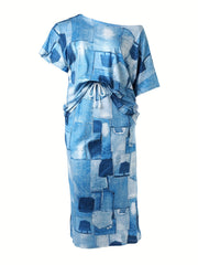  Denim Print One Shoulder Top & Skirt Set