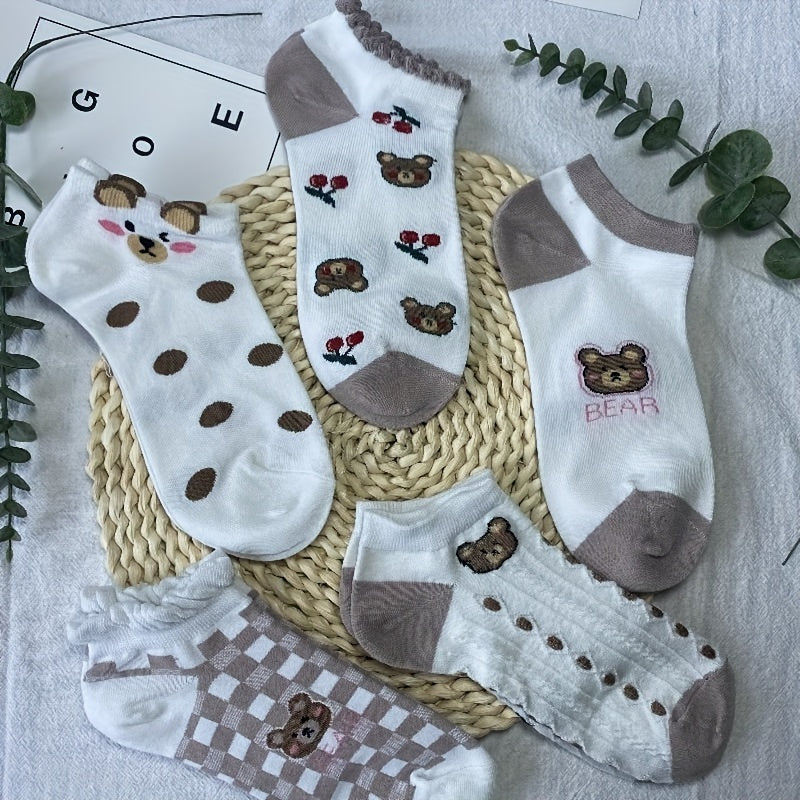 5 Pairs Floral Print Ruffle Socks Low Cut Ankle Stockings Lightweight