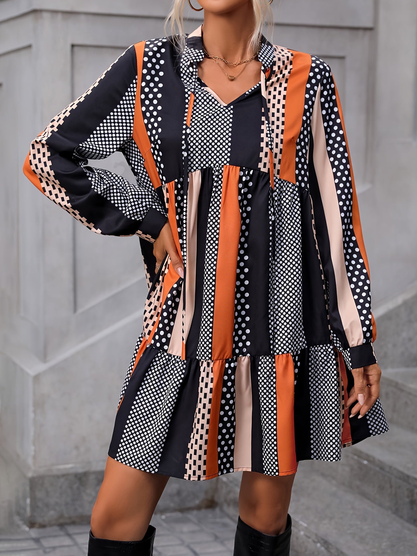  Colorblock Dot Print Lantern Sleeve Mini Smock Dress
