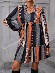  Colorblock Dot Print Lantern Sleeve Mini Smock Dress