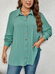  Casual Blouse Solid Crinkle Button Up Long Sleeve Blouse