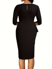  Solid Draped Ruffle Trim Bodycon Midi Dress