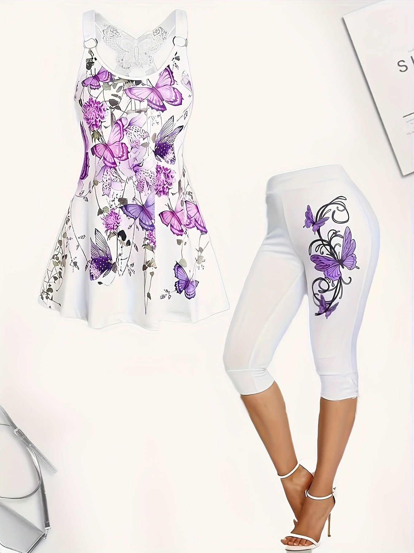 Butterflies Print 2 Pieces Set Sleeveless Tops & Leggings Set