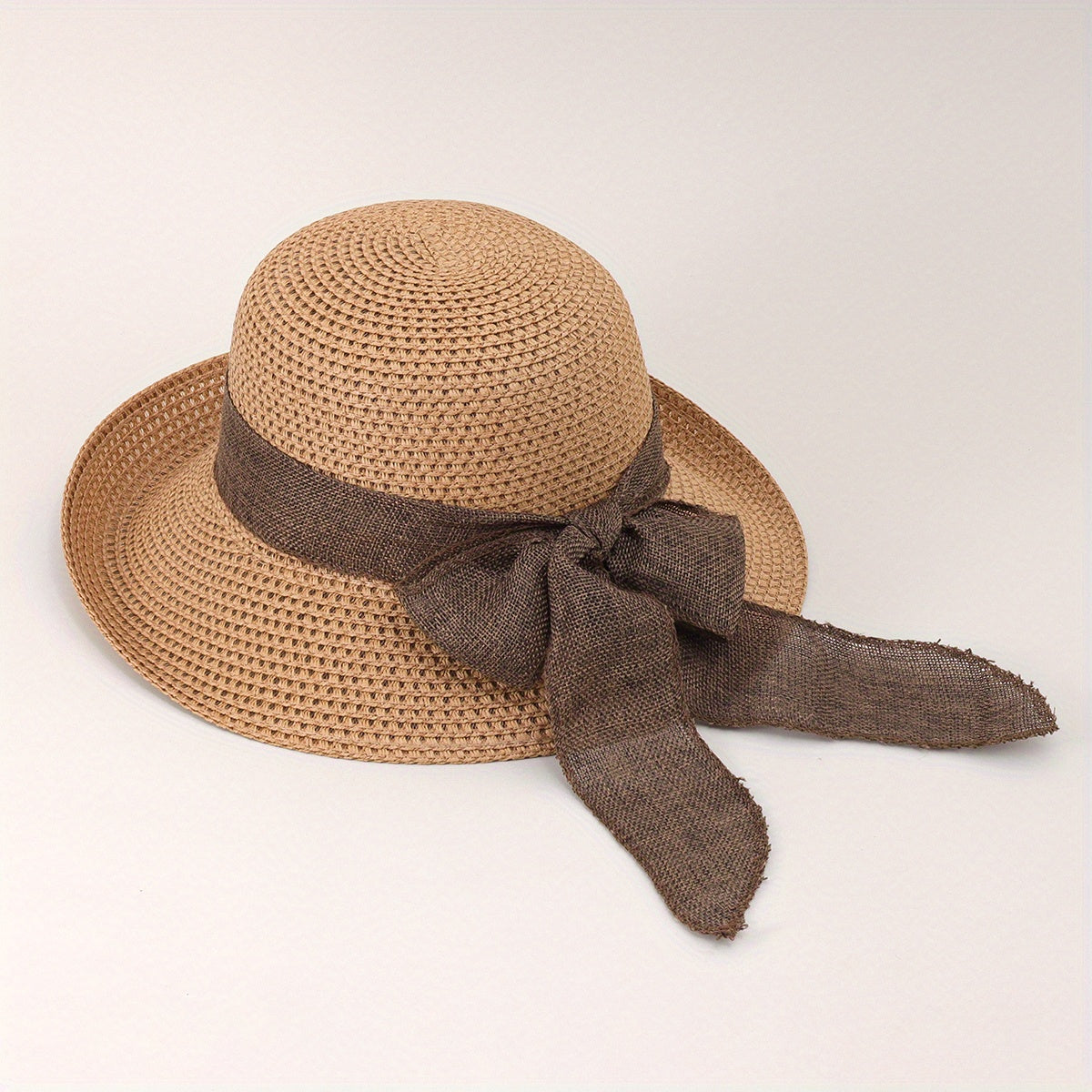Straw Bucket Hat Bowknot Ribbon Solid Summer Beach Hat