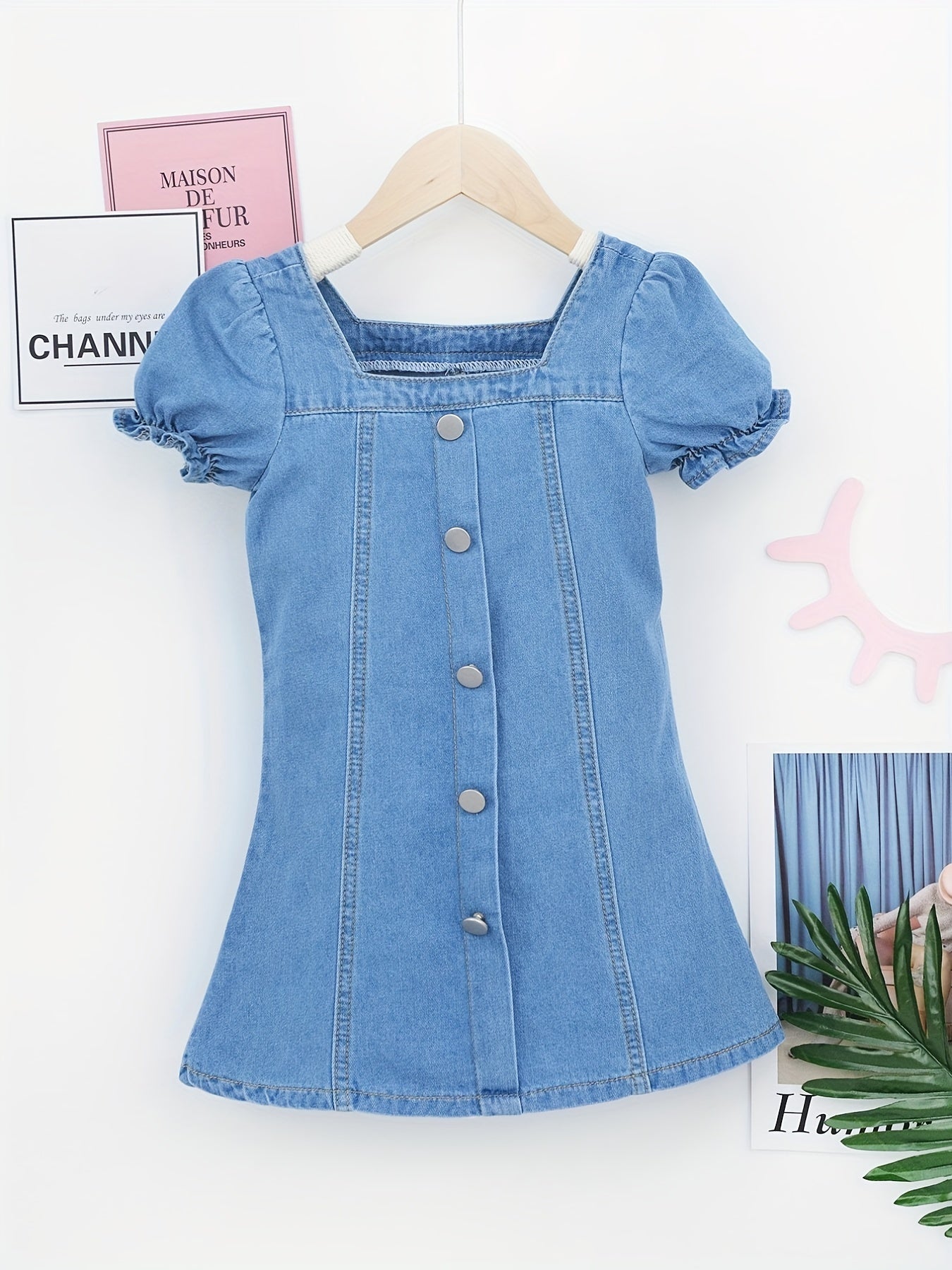 Girls Casual Denim Tunic Dress Square Neck Short Sleeve