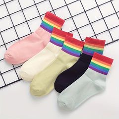 10 Pairs Rainbow Stripe Print Socks Women's Mid Tube Stockings