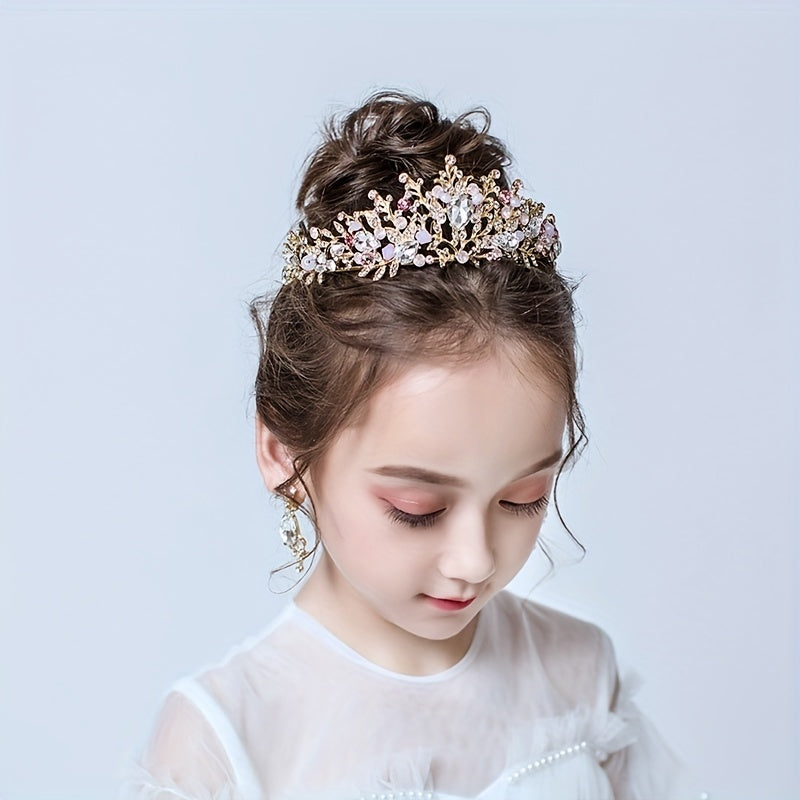 Baroque Crystal Tiara & Crown with Pink Rhinestone Earrings
