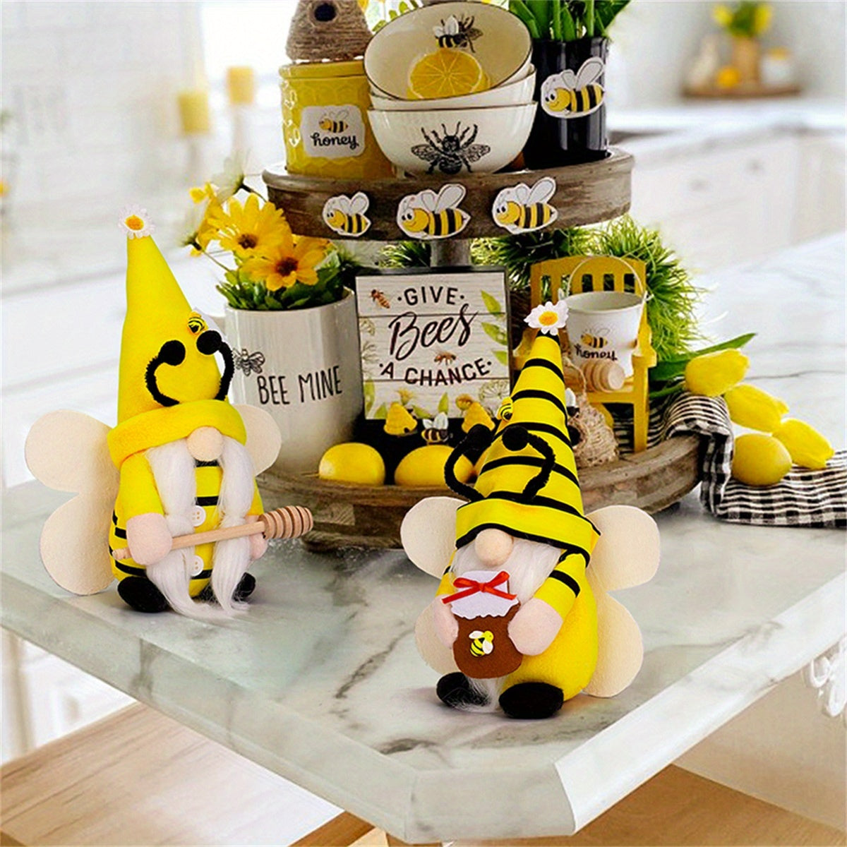 Sunflower Bee Gnome Plush Stuffed Animal for Spring Decor