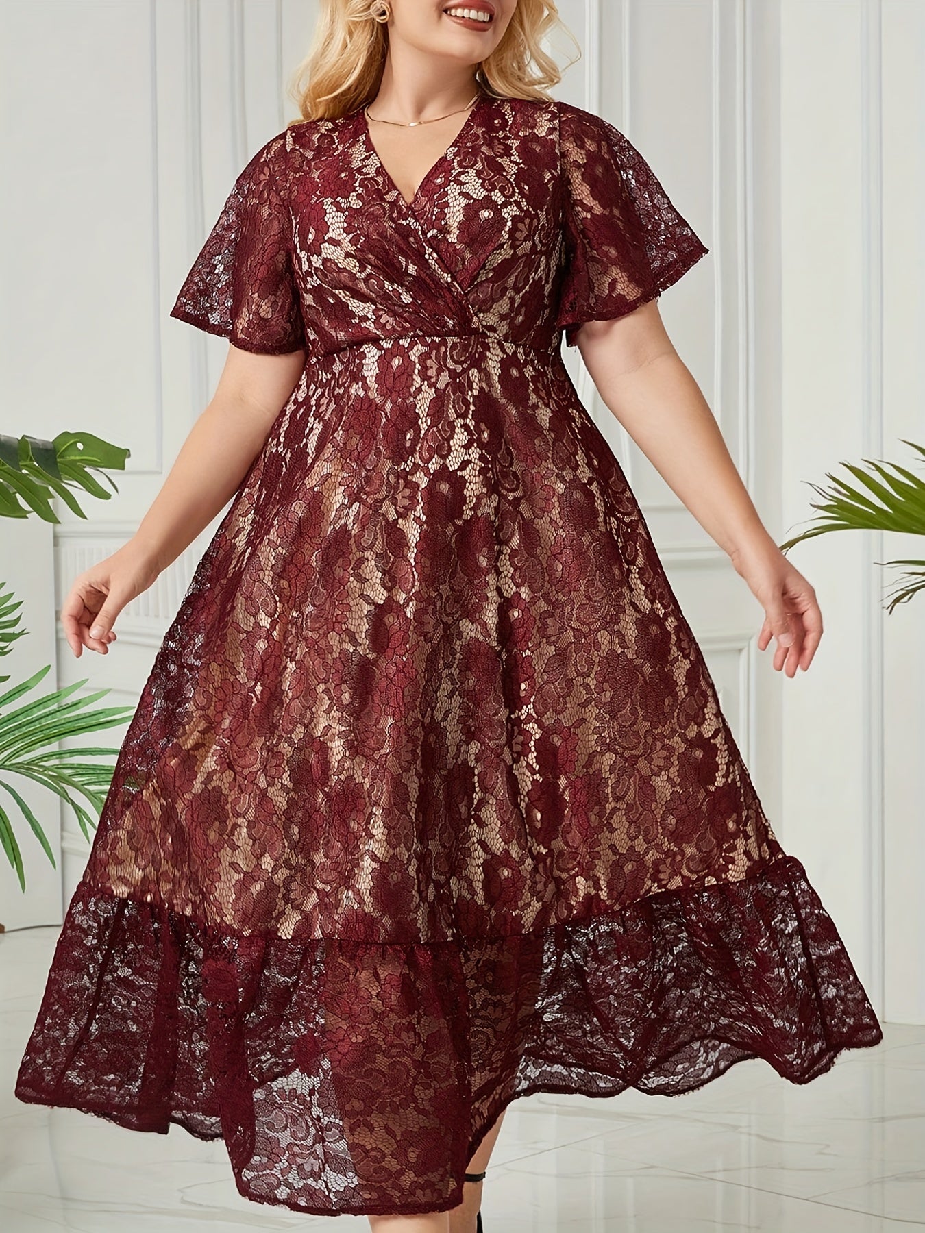  Solid Lace Short Sleeve Surplice Neck Smock Dress