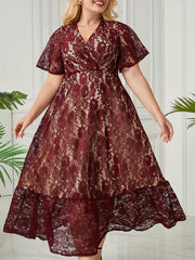  Solid Lace Short Sleeve Surplice Neck Smock Dress