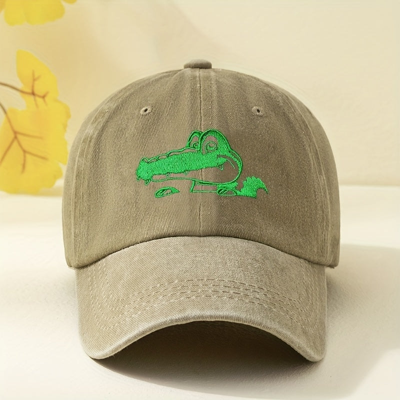 Crocodile Embroidery Baseball Cap Washed Distressed Dad Hat