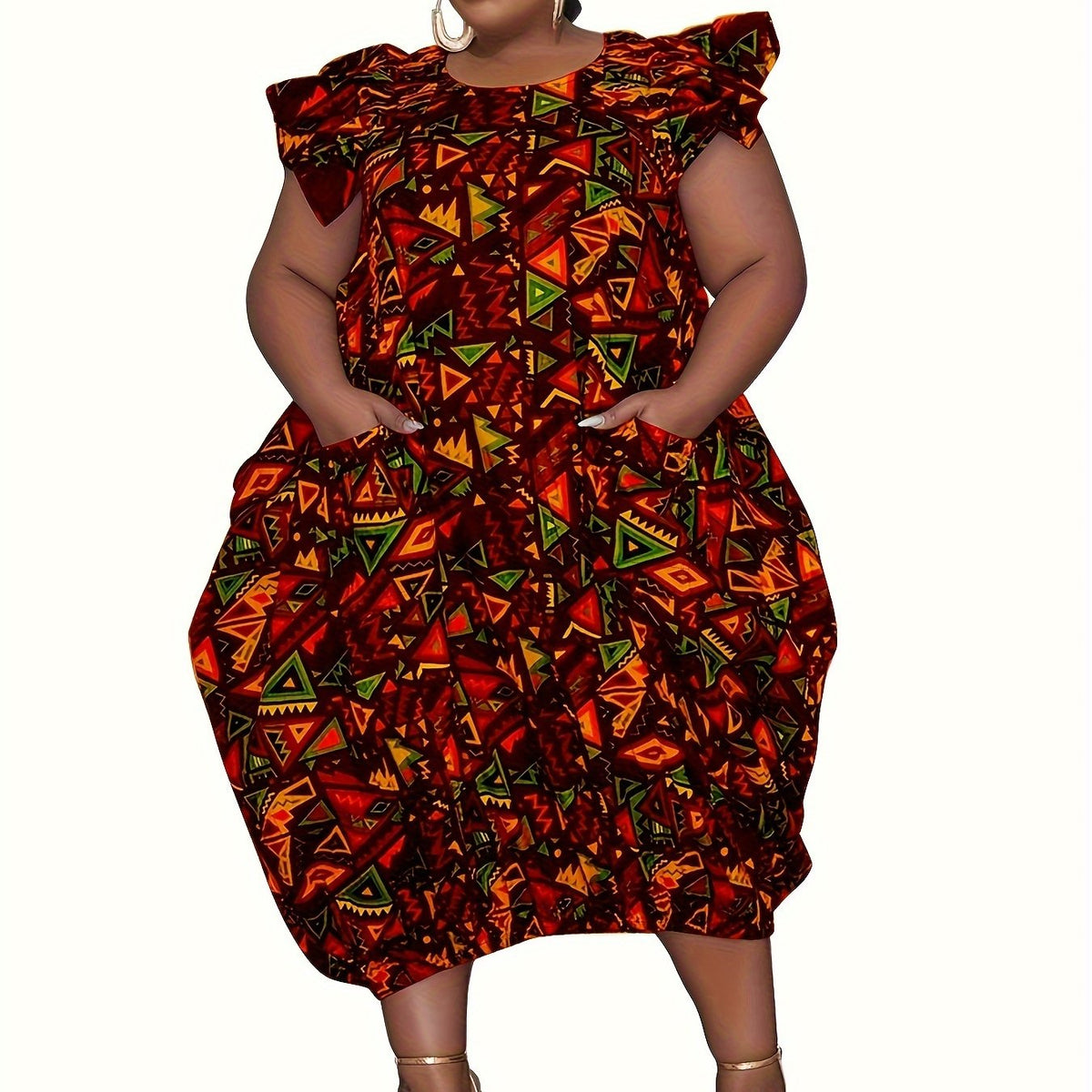  Women's Geometric Print Ruffle Sleeve Dress