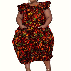  Women's Geometric Print Ruffle Sleeve Dress