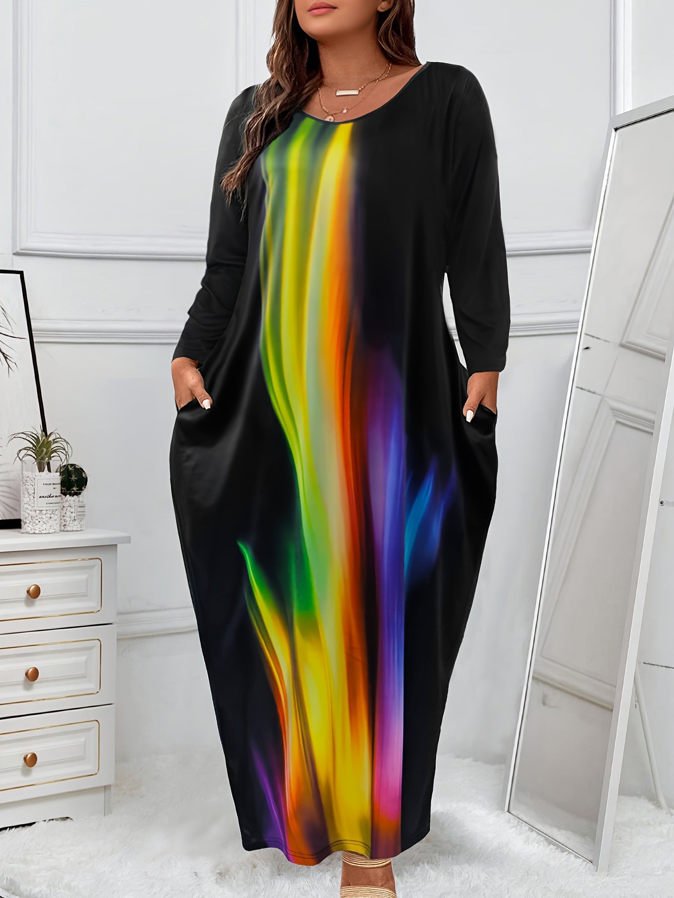 Women's Plus Ombre Long Sleeve Round Neck Maxi Dress