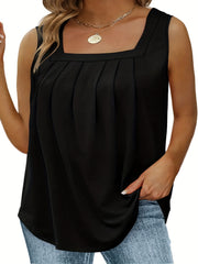  Casual Tank Top Solid Square Neck Pleated Tank Top