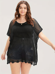 Plus Size Casual Knit Top Women's Plus Solid Hollow Out Bat Sleeve