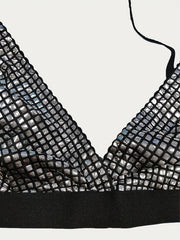  Metallic Grid V Neck Bra & Glitter Panty Set