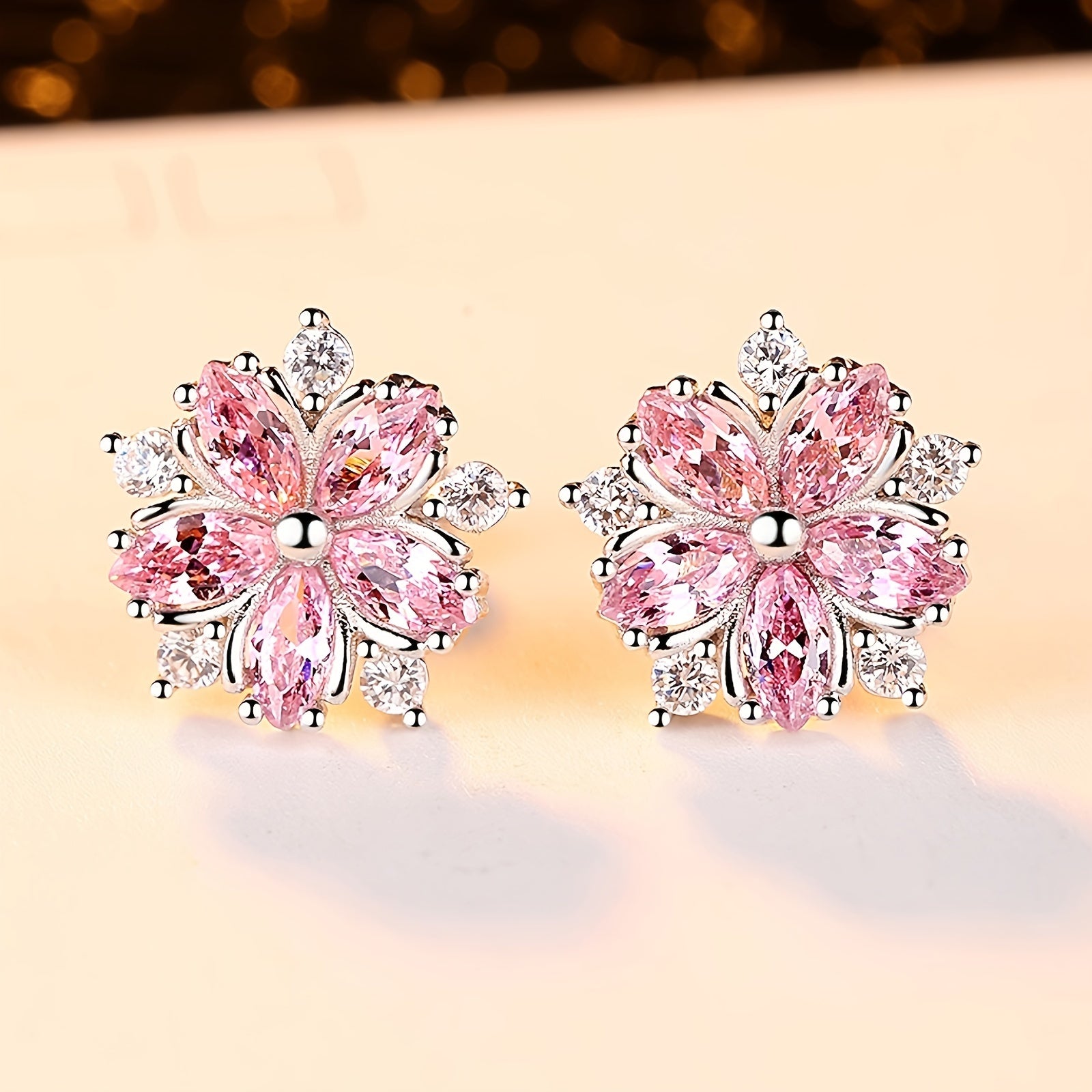 Cherry Blossoms Zircon Stud Earrings For Women Girls Dainty Jewelry