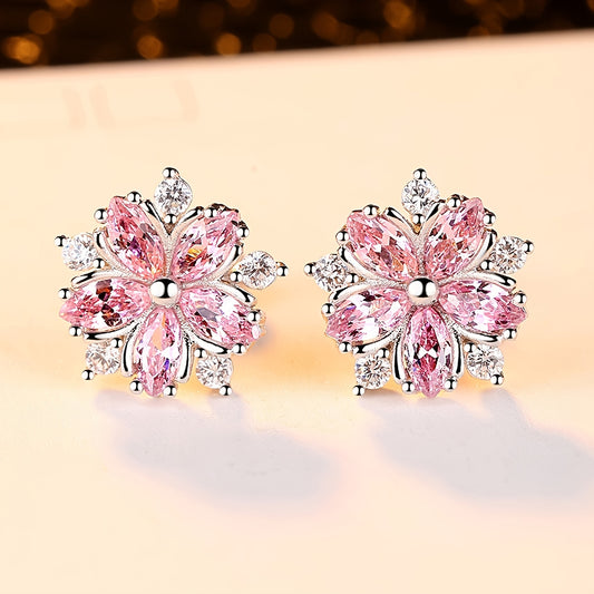 Cherry Blossoms Zircon Stud Earrings For Women Girls Dainty Jewelry