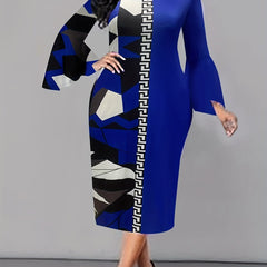  Colorblock Print Bell Sleeve Dress