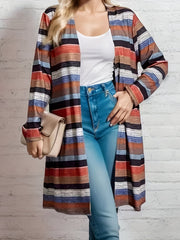  Colorblock Stripe Print Open Front Cardigan