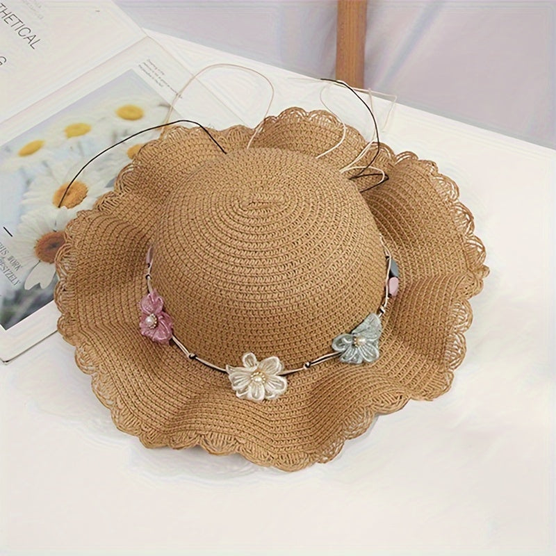Girls' Straw Hat With Flower Decor for Summer Beach & Outdoors
