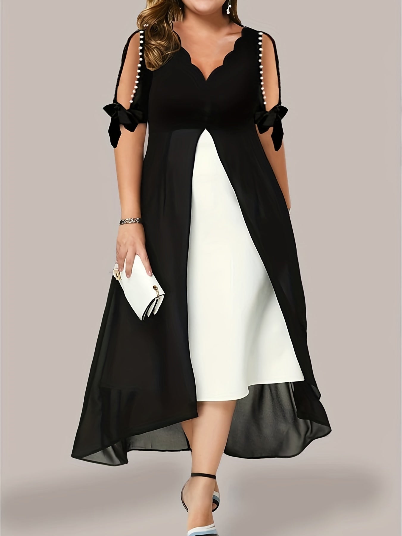  Colorblock Faux Pearl V Neck Maxi Dress