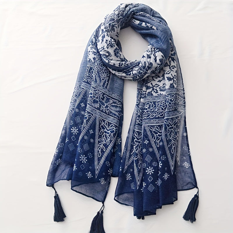 Navy Floral Print Scarf Tassel Shawl Boho Windproof Head Wrap Sunscreen