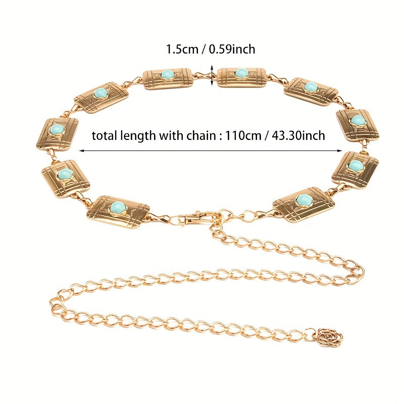 Boho Turquoise Inlay Waist Chain Golden Metal Openwork Belly Chain