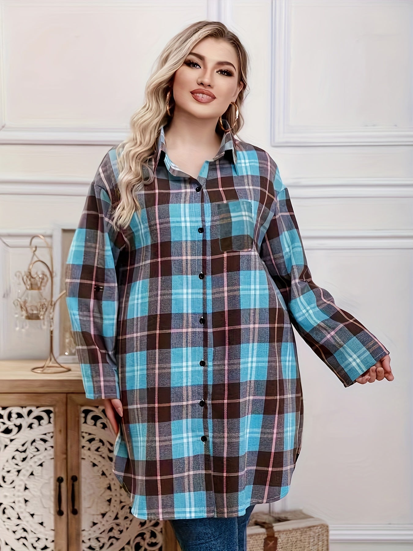 Women's Plus Plaid Button Up Blouse Roll Up Sleeve