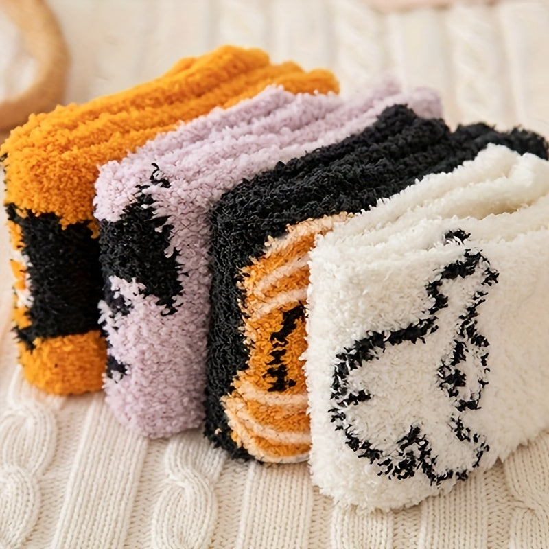 5 Pairs Cute Cartoon Print & Fuzzy Warm Halloween Socks