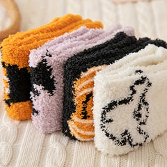 5 Pairs Cute Cartoon Print & Fuzzy Warm Halloween Socks