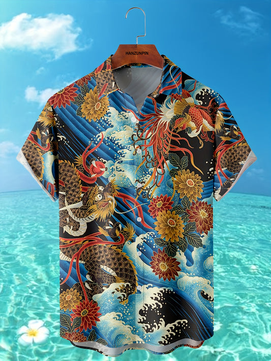 Dragon & Floral Print Men's G Short Sleeve Polo Shirt