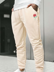 Men's Rose Print Drawstring Sweatpants Active Jogger Pants