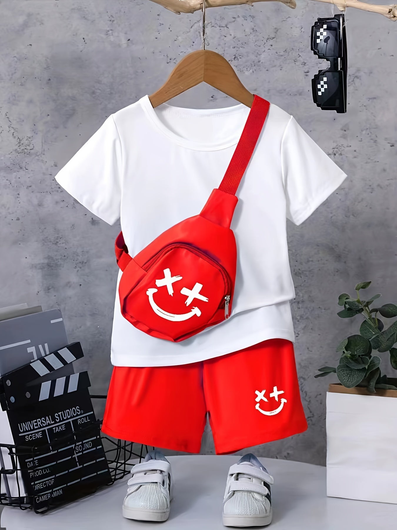 3pcs Boys Happy Face Print T shirt & Shorts & Bag Summer Clothes Sets