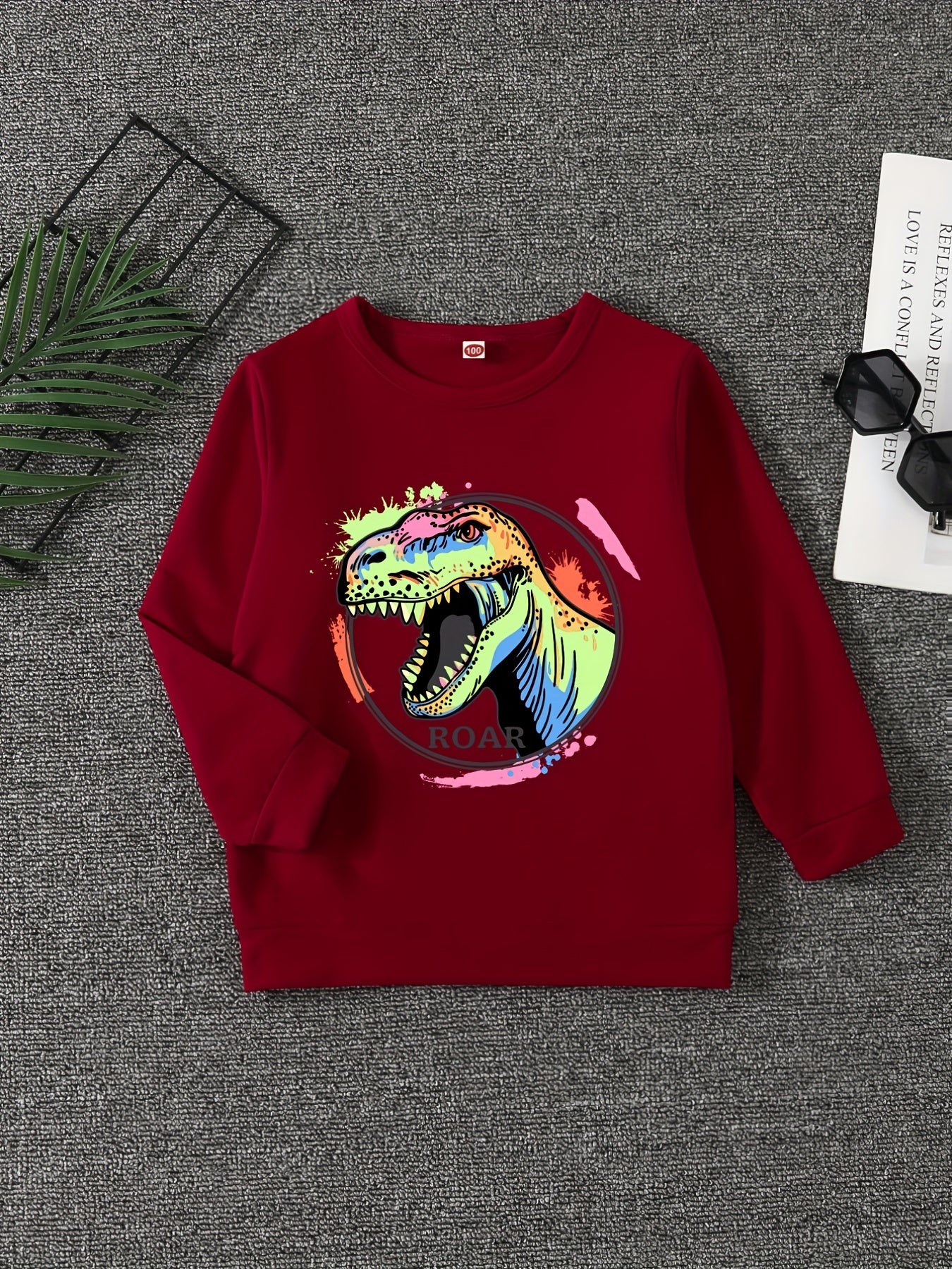 Dinosaur Print Boys Casual Pullover Sweatshirt Long Sleeve Crew Neck Tops