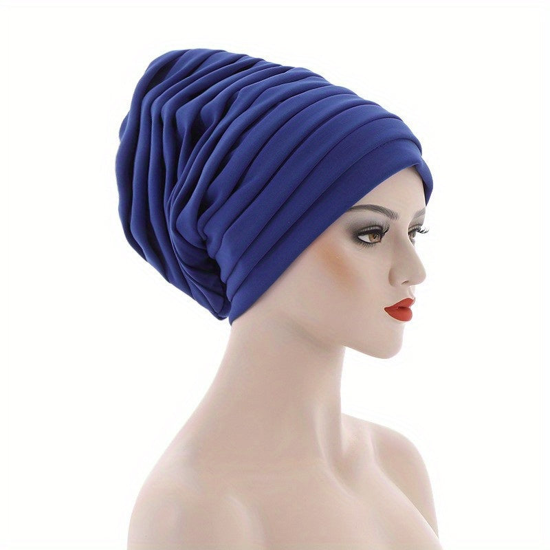 Layered Pleated Turban Cap Elastic Head Wrap Solid Ramadan Head Scarf