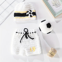 Newborn Baby Football Suit Photography Props Baby Hand knitted Hat Shorts Ball