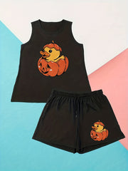  Halloween Loungewear Set Ghost Pumpkin Skull Print Tank