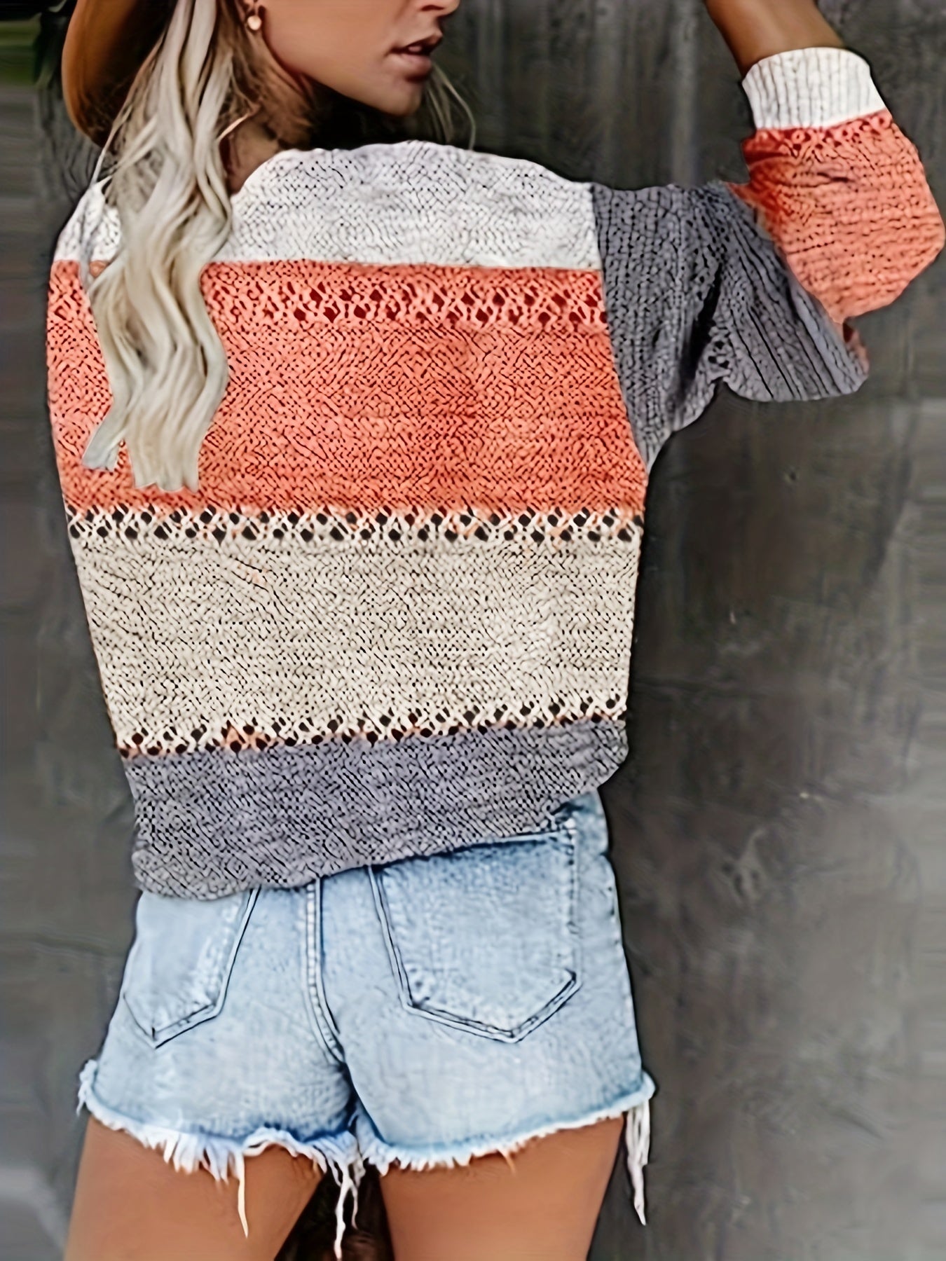  Casual Sweater Women's Plus Striped Long Sleeve V Neck Pullover Jumper