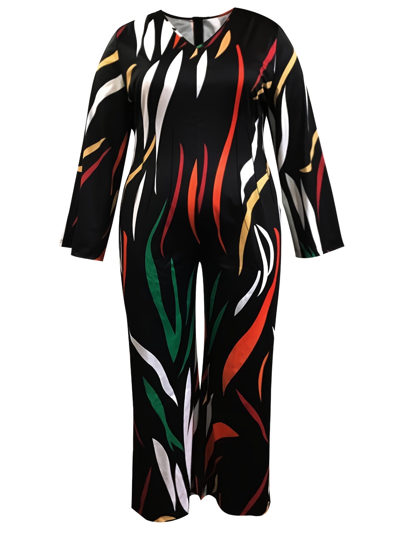  Colorful Stripe Print Long Sleeve Wide Leg Jumpsuit