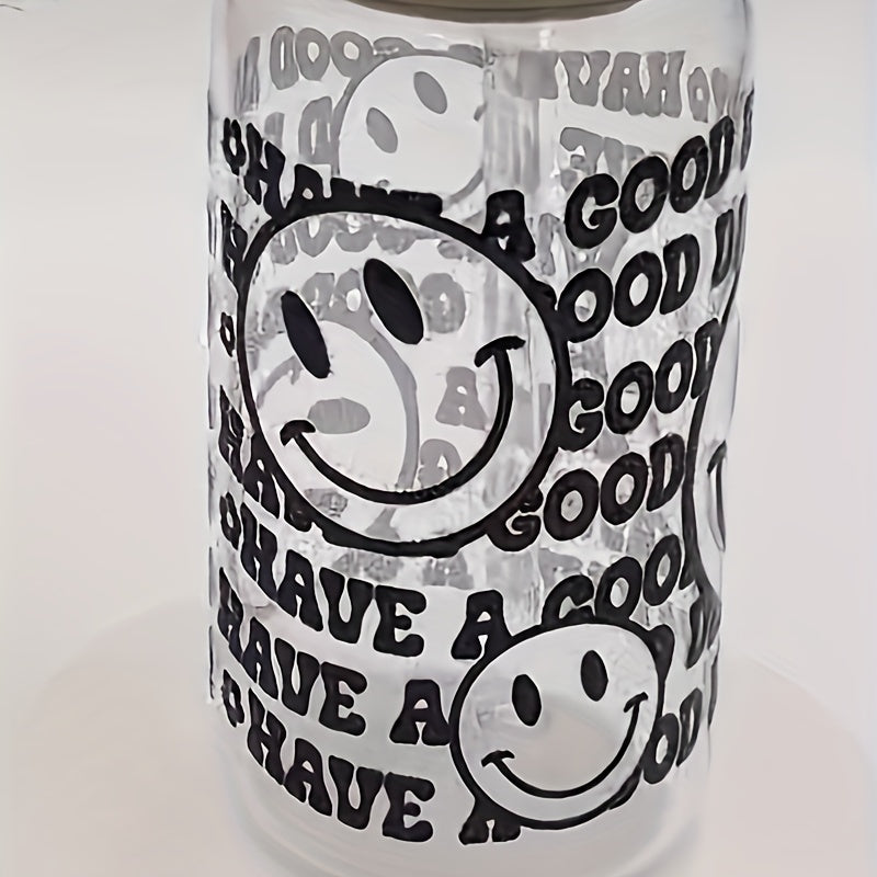 Smiley Face Glass Cup Set with Lid & Straw Holiday Gift