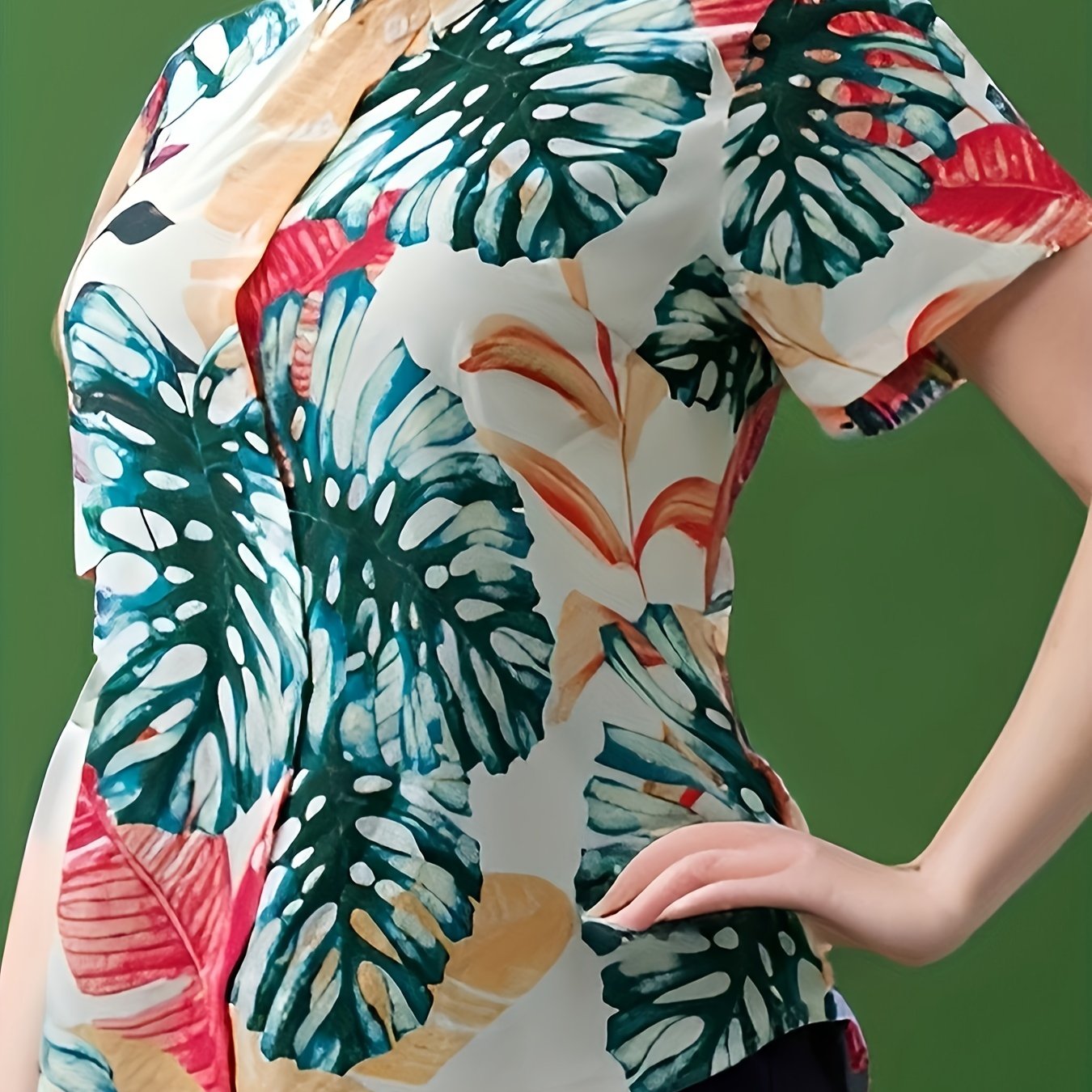  Tropical Print Button Up Short Sleeve Blouse
