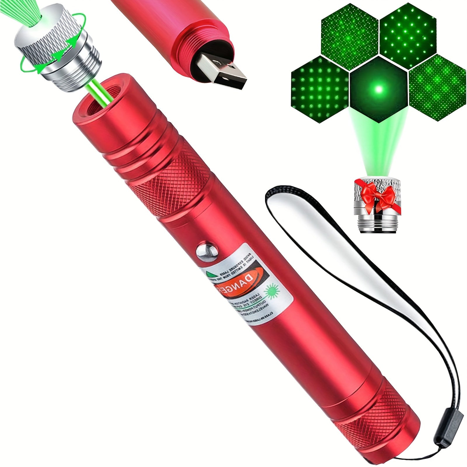 Green Beam Flashlight Laser Pointer USB Rechargeable Cat Toy Star Cap