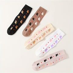 5 Pairs Cartoon Cat Print Socks Cute & Comfy Women's Mid Tube Stockings