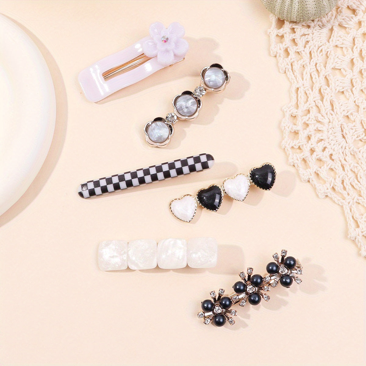 6pcs Checkered Flower Hair Clips Bobby Pins Non Slip Hair Accessories