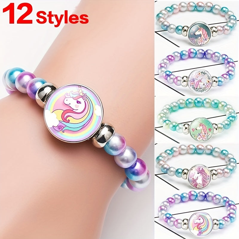 12 Rainbow Unicorn Glass Beads Bracelets for Girls Party