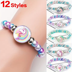 12 Rainbow Unicorn Glass Beads Bracelets for Girls Party